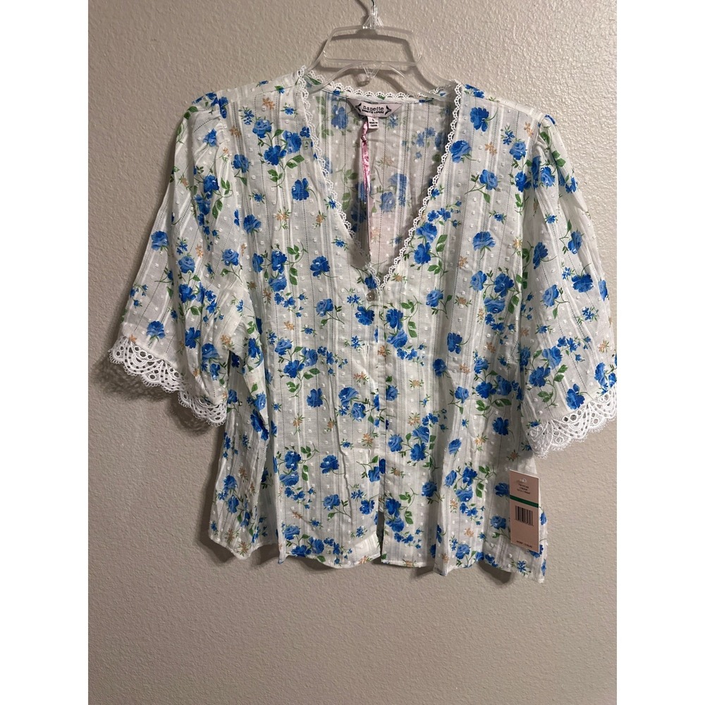 Nanette‎ Lepore Cream Floral Lace Trim Button Up Blouse Top - Size L